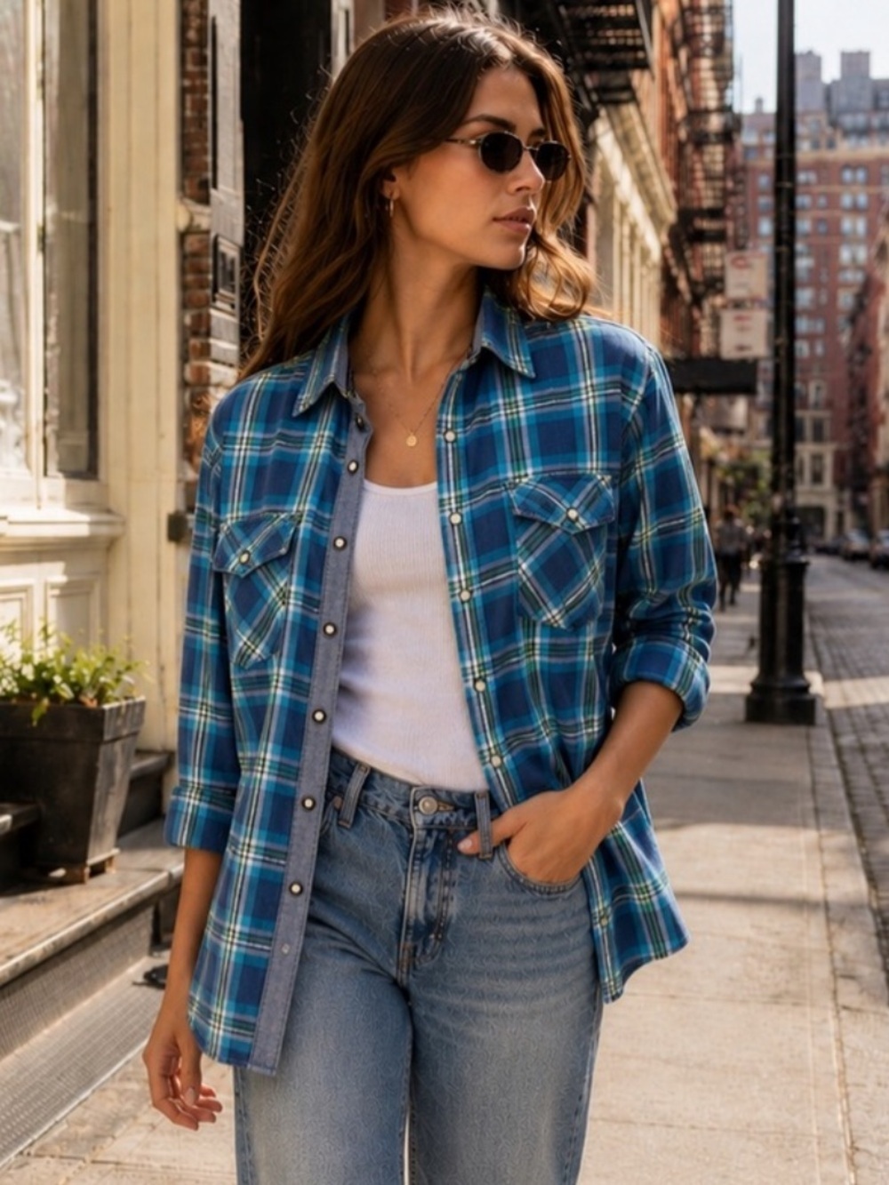 Vintage Cactus Plaid Pearl Snap Shirt Blue Teal Western Americana Large